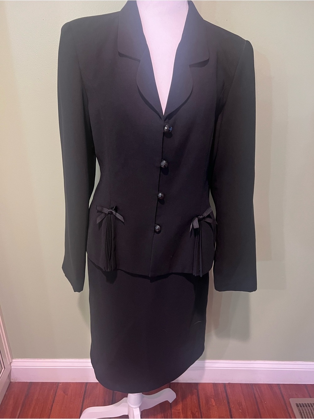 Women's Black Tailored Skirt Suit Jacket with Bow & Tassel Detail
